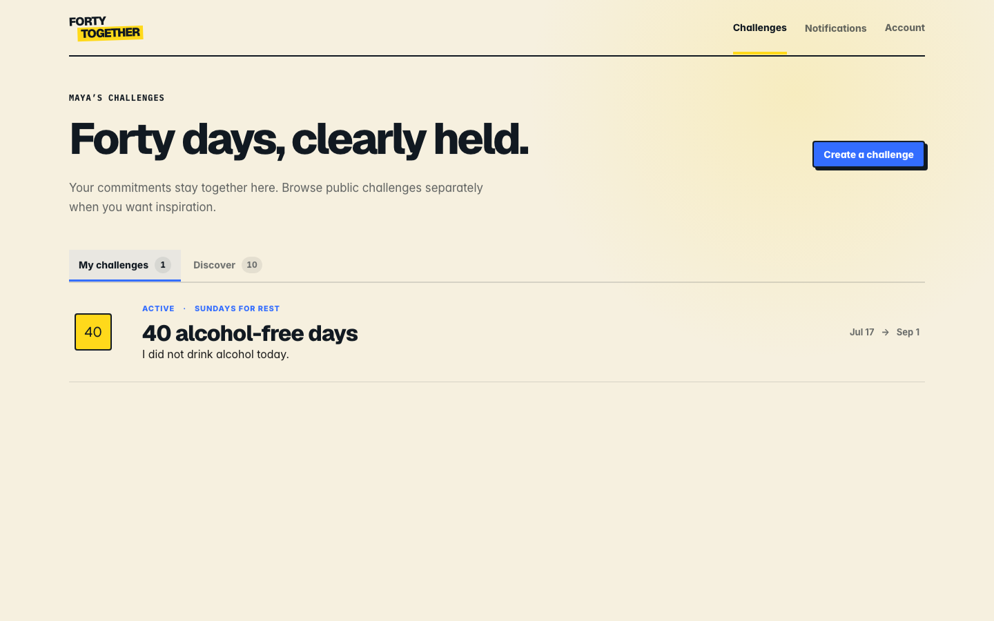 Forty Together web dashboard showing a 40-day alcohol-free challenge
